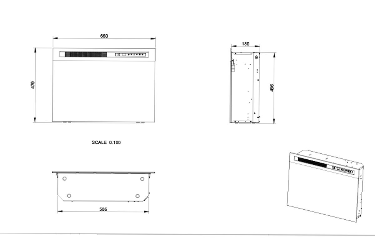 Maattekening van de Dimplex Firebox XHD28 elektrische inzethaard met afmetingen.
