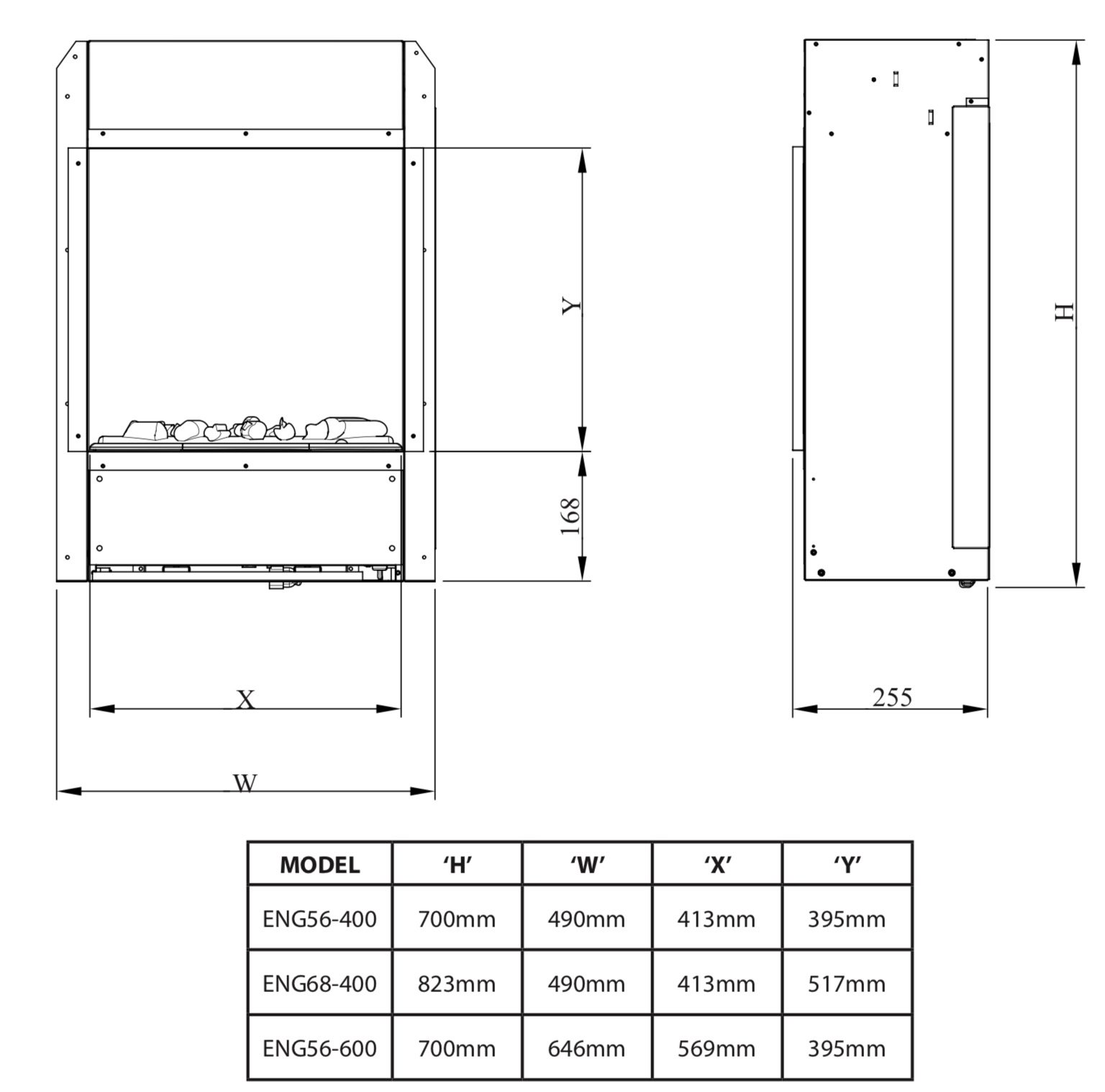 Lijntekening van de Dimplex Engine 56-600 elektrische haard.