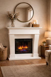 Witte elektrische haard in een landelijke woonkamer, gestyled met een ronde spiegel, kaarsen en natuurlijke decoratie voor een warme en sfeervolle uitstraling.