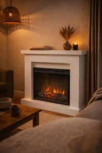 Sfeerhaard met ombouw en moderne schouw – elektrische sfeerhaard voor de woonkamer