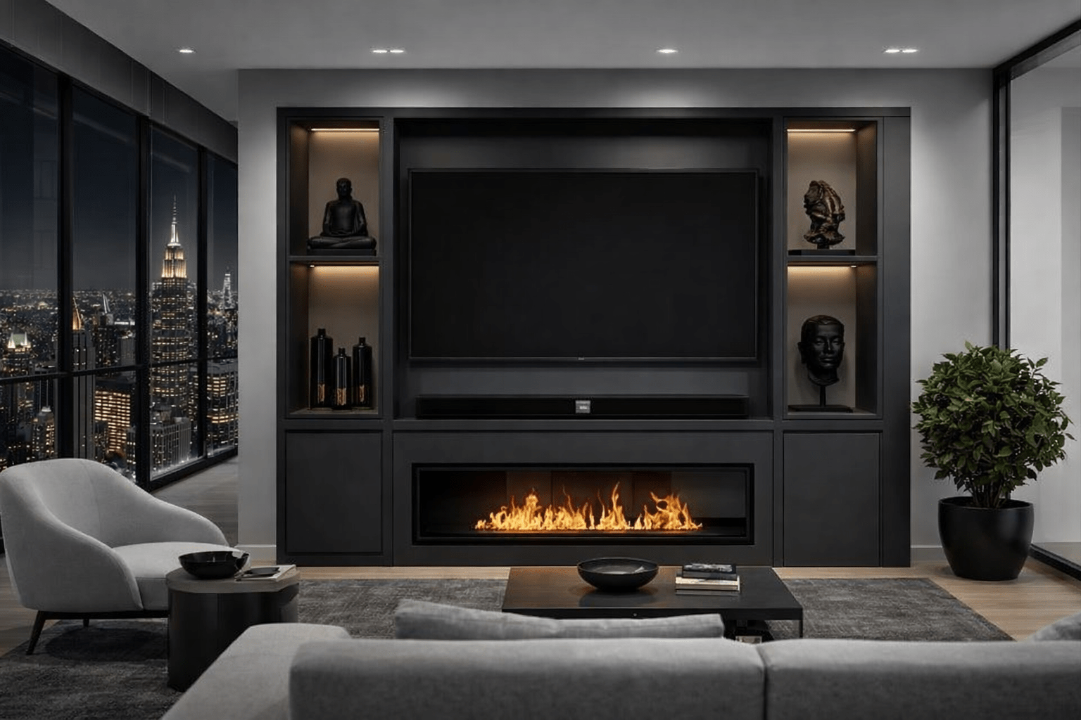 Moderne cinewall met ingebouwde sfeerhaard, grote tv en zwarte kastenwand in een strak, eigentijds interieur