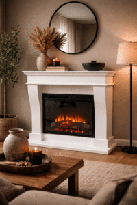 Elektrische sfeerhaard met schouw en Dimplex XHD28 inbouwhaard, moderne sfeerhaard met klassieke ombouw voor woonkamer