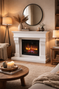 Elektrische sfeerhaard met schouwombouw en Dimplex XHD28 elektrische haard in woonkamer met realistisch vlammenspel