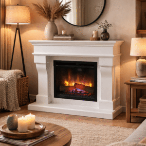 Elektrische sfeerhaard met schouwombouw en Dimplex XHD28 elektrische haard in woonkamer met realistisch vlammenspel