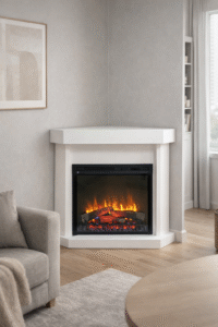 Hoekschouw met elektrische sfeerhaard en witte ombouw in moderne woonkamer