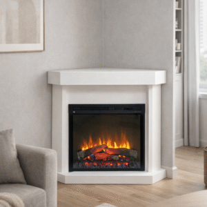 Hoekschouw met elektrische sfeerhaard en witte ombouw in moderne woonkamer