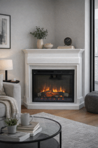 Witte hoekschouw met Dimplex XHD28 elektrische sfeerhaard in een moderne woonkamer