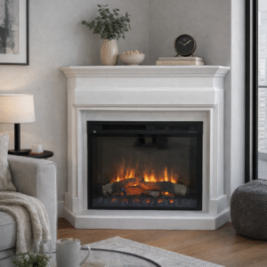 Witte hoekschouw met Dimplex XHD28 elektrische sfeerhaard in een moderne woonkamer