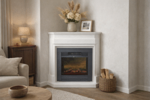 Witte hoekschouw met ingebouwde elektrische sfeerhaard in landelijke moderne woonkamer