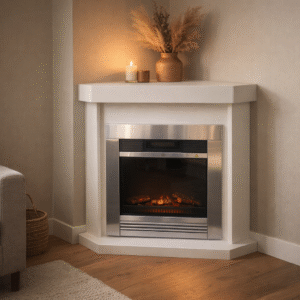 Moderne witte hoekschouw met elektrische sfeerhaard Classic Fire Chicago in warm, stijlvol interieur