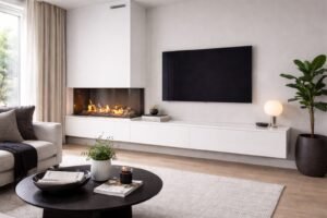 Moderne tv kast met geïntegreerde sfeerhaard en wandgemonteerde televisie in minimalistische woonkamer