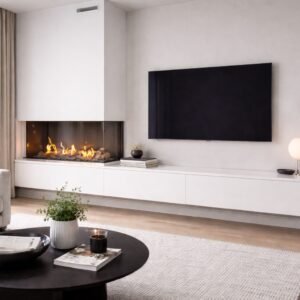 Moderne tv kast met geïntegreerde sfeerhaard en wandgemonteerde televisie in minimalistische woonkamer