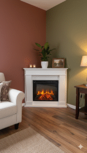 Hoekmodel sfeerhaard met schouw en elektrische inbouw sfeerhaard in hoekopstelling