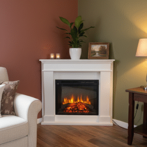 Hoekmodel sfeerhaard met schouw en elektrische inbouw sfeerhaard in hoekopstelling