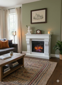 Elektrische sfeerhaard met schouw ombouw, Schouw RS5 gecombineerd met Dimplex XHD23 elektrische haard voor een stijlvolle sfeerhaard in de woonkamer